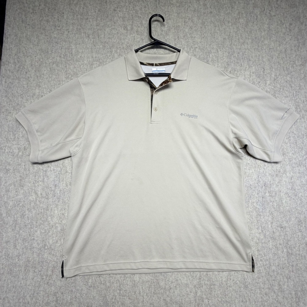 Columbia PFG Polo Shirt Mens L Tan Short Sleeve Vented Omni-Shade Fishing Hiking